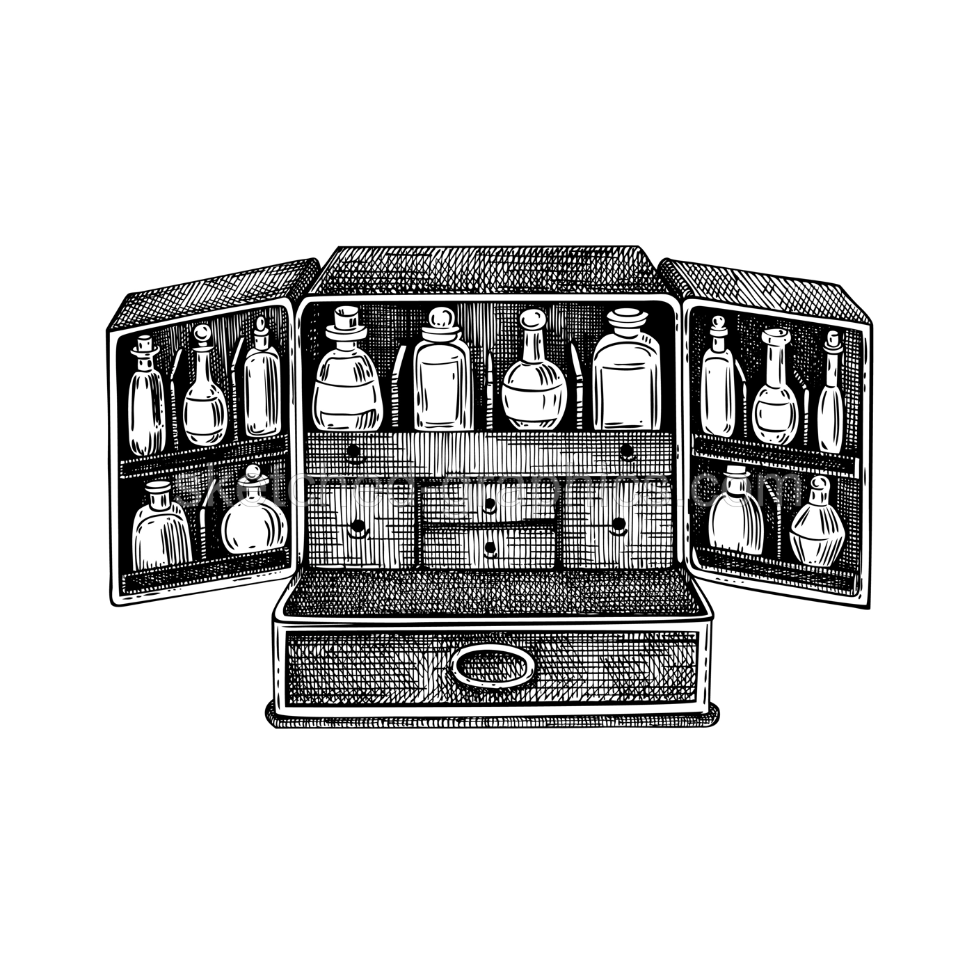 Apothecary box sketch. Antique wooden organizer. Witchcraft vector illustration. Vintage Halloween design element. Hand-drawn alchemy, esoteric symbol. NOT AI generated Illustration